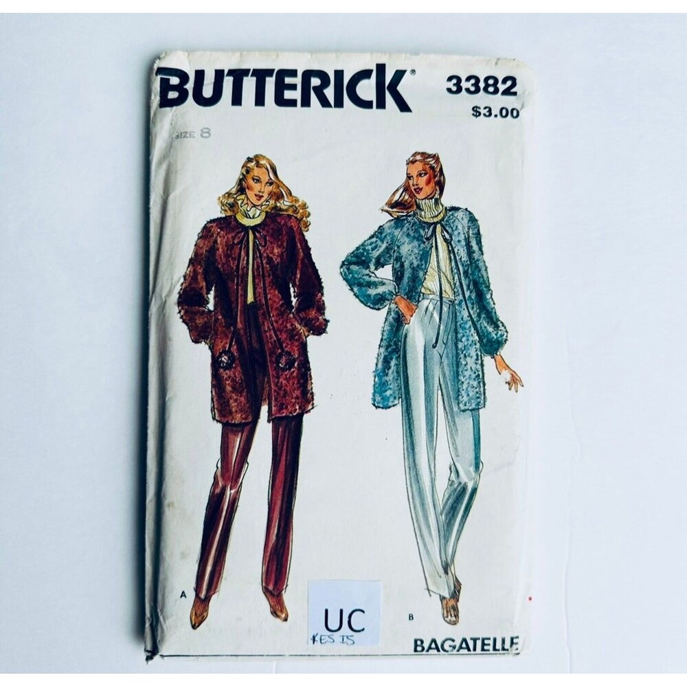 Vintage 80s Butterick Sewing Pattern 3382 Long Jacket Pants Sz 8 UNCUT *READ